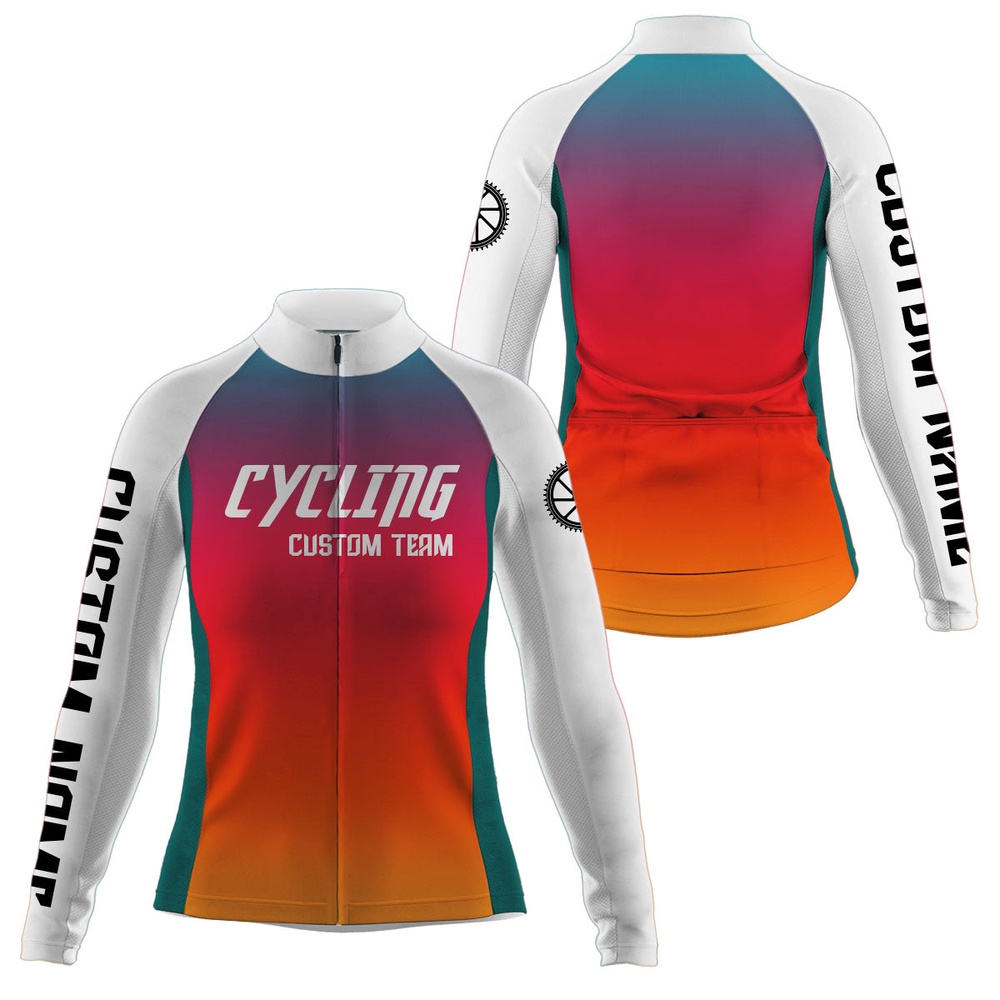 Gradient Orange Women Cycling Jersey With 3 Pockets Anti Uv Reflective Shirt Custom Bicycling Gear, Custom Mono Cycling Jersey
