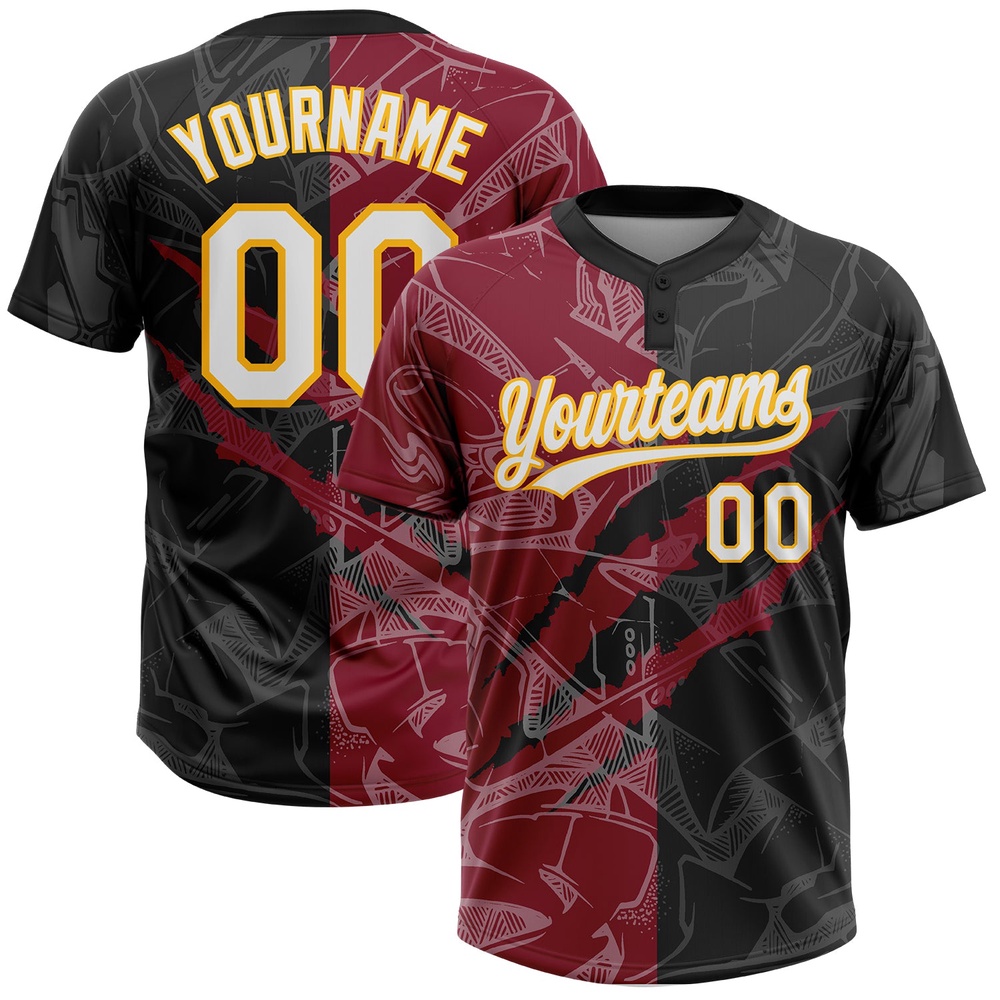 Graffiti Pattern Black Crimson Gold 3D Two Button Unisex Softball Jersey, Custom Team Softball Jersey Graffiti Pattern Black Crimson Gold 3D Two Button Unisex Softball Jersey, Custom Team Softball Jersey
