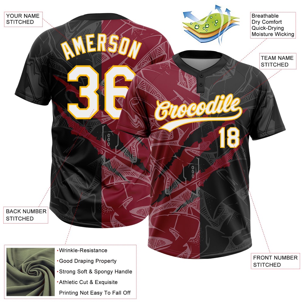 Graffiti Pattern Black Crimson Gold 3D Two Button Unisex Softball Jersey, Custom Team Softball Jersey Graffiti Pattern Black Crimson Gold 3D Two Button Unisex Softball Jersey, Custom Team Softball Jersey