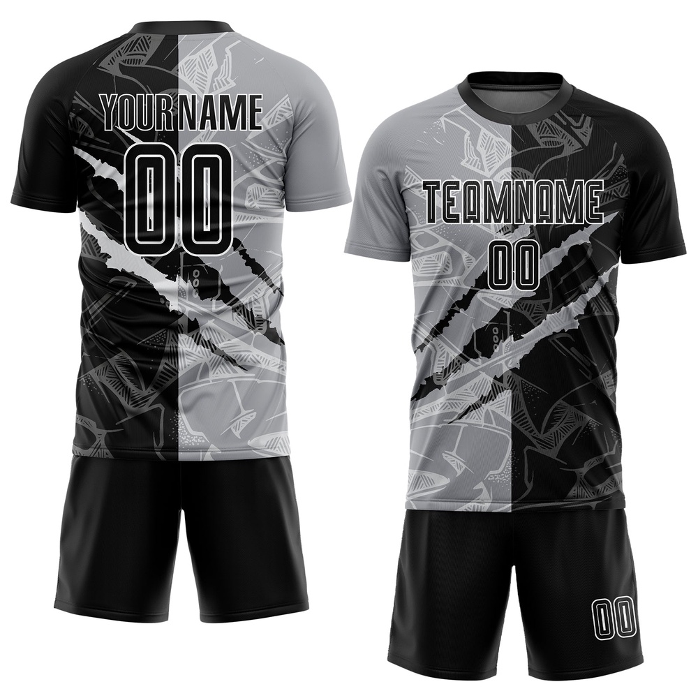 Graffiti Pattern Black Gray Scratch Sublimation Soccer Uniform Jersey, Custom Team Soccer Jersey Shirt Graffiti Pattern Black Gray Scratch Sublimation Soccer Uniform Jersey, Custom Team Soccer Jersey Shirt