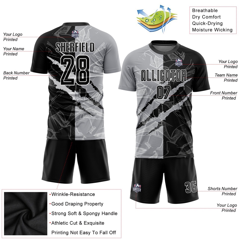Graffiti Pattern Black Gray Scratch Sublimation Soccer Uniform Jersey, Custom Team Soccer Jersey Shirt Graffiti Pattern Black Gray Scratch Sublimation Soccer Uniform Jersey, Custom Team Soccer Jersey Shirt