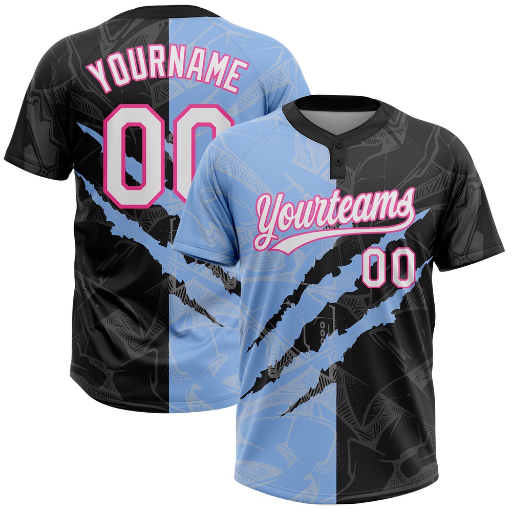 Graffiti Pattern Black Light Blue Pink 3D Two Button Unisex Softball Jersey, Custom Team Softball Jersey Graffiti Pattern Black Light Blue Pink 3D Two Button Unisex Softball Jersey, Custom Team Softball Jersey