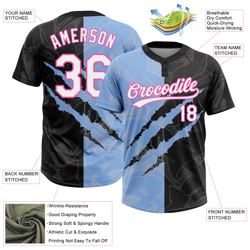 Graffiti Pattern Black Light Blue Pink 3D Two Button Unisex Softball Jersey, Custom Team Softball Jersey Graffiti Pattern Black Light Blue Pink 3D Two Button Unisex Softball Jersey, Custom Team Softball Jersey
