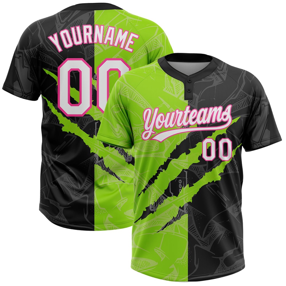 Graffiti Pattern Black Neon Green Pink 3D Two Button Unisex Softball Jersey, Custom Team Softball Jersey Graffiti Pattern Black Neon Green Pink 3D Two Button Unisex Softball Jersey, Custom Team Softball Jersey