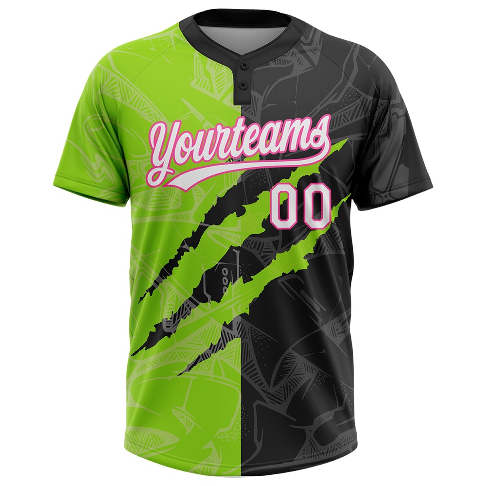 Graffiti Pattern Black Neon Green Pink 3D Two Button Unisex Softball Jersey, Custom Team Softball Jersey Graffiti Pattern Black Neon Green Pink 3D Two Button Unisex Softball Jersey, Custom Team Softball Jersey