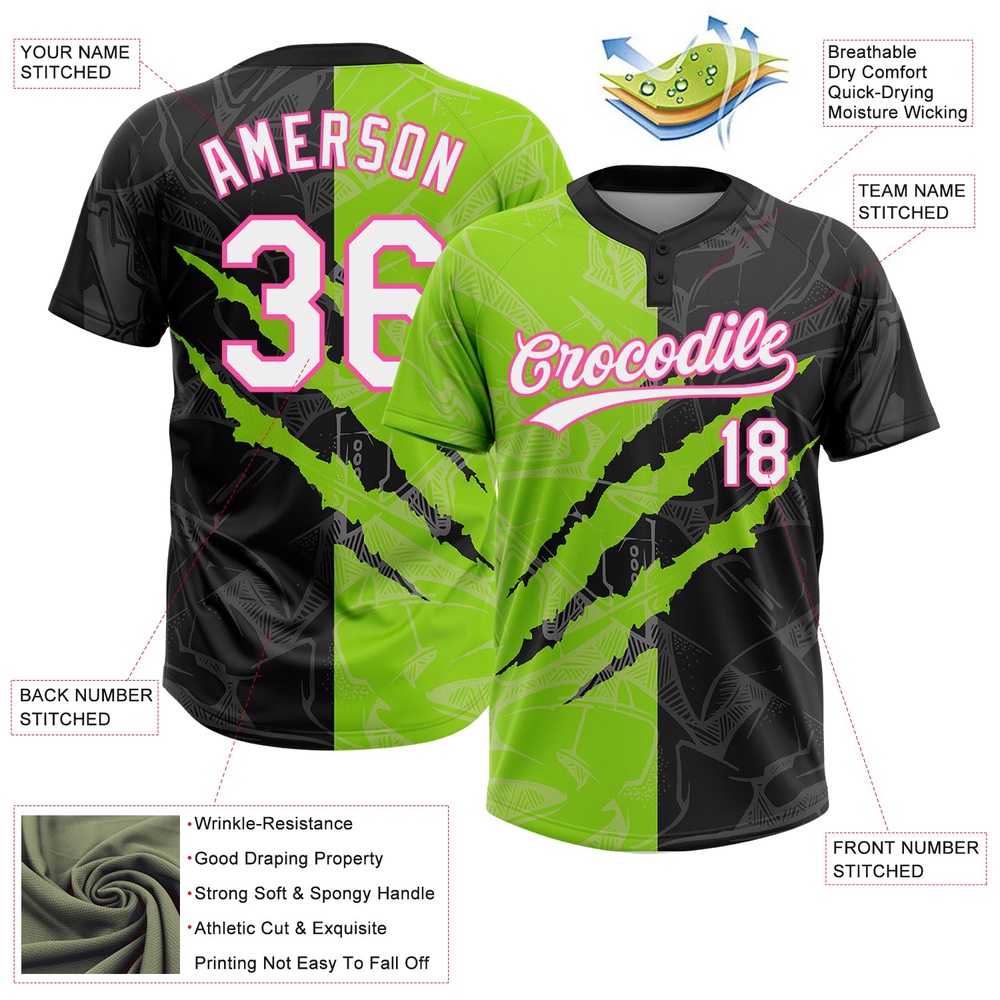 Graffiti Pattern Black Neon Green Pink 3D Two Button Unisex Softball Jersey, Custom Team Softball Jersey Graffiti Pattern Black Neon Green Pink 3D Two Button Unisex Softball Jersey, Custom Team Softball Jersey