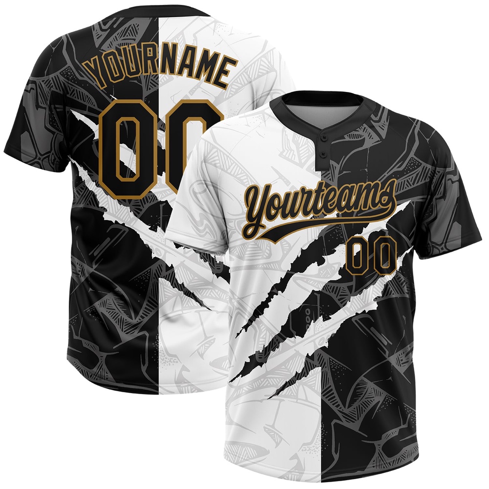 Graffiti Pattern Black Old Gold 3D Two Button Unisex Softball Jersey, Custom Team Softball Jersey Graffiti Pattern Black Old Gold 3D Two Button Unisex Softball Jersey, Custom Team Softball Jersey