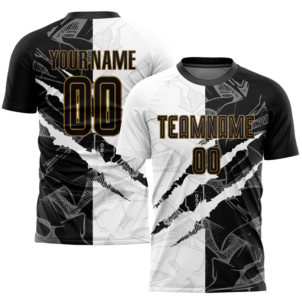 Graffiti Pattern Black Old Gold Sublimation Soccer Uniform Jersey, Custom Team Soccer Jersey Shirt