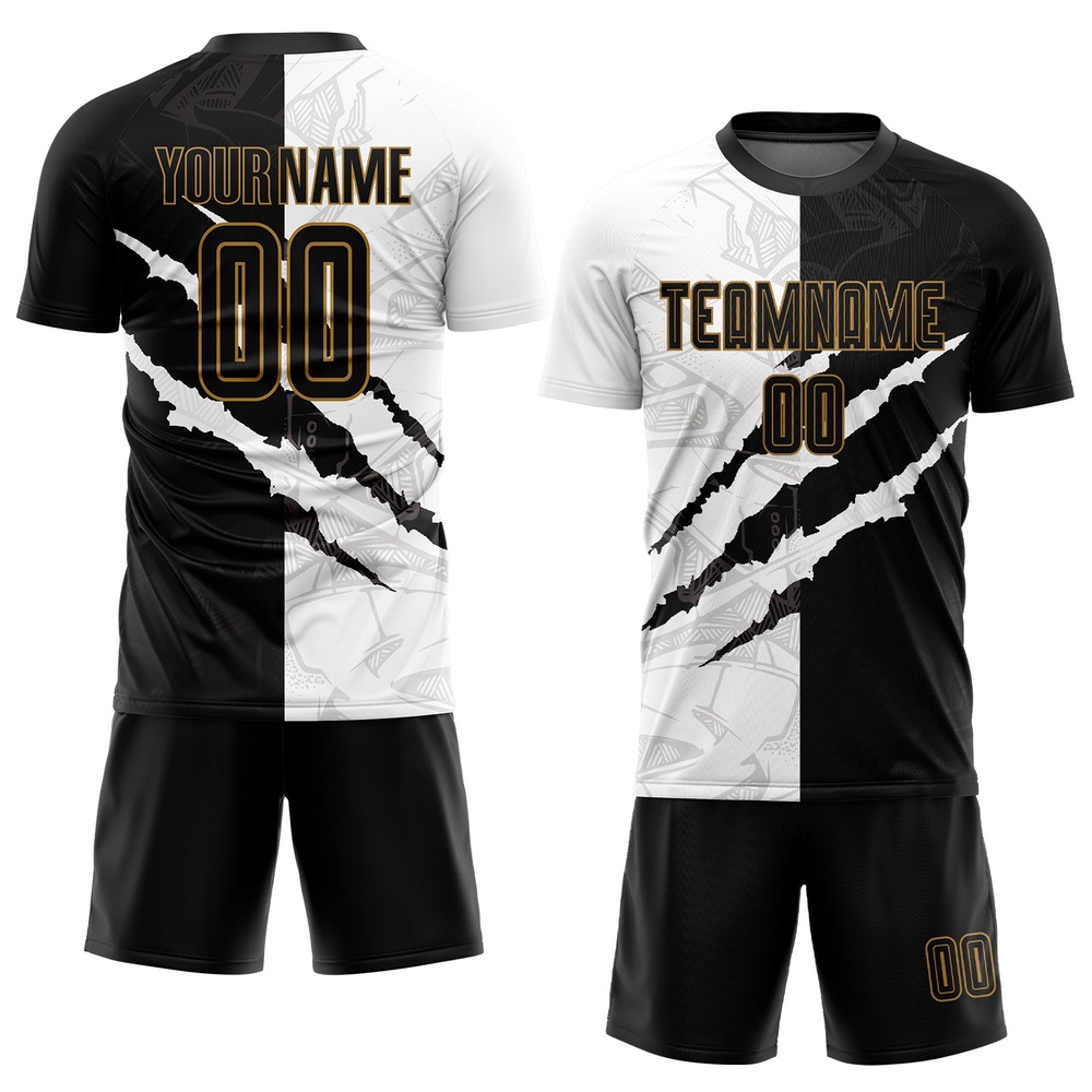 Graffiti Pattern Black Old Gold Sublimation Soccer Uniform Jersey, Custom Team Soccer Jersey Shirt