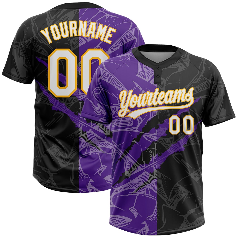 Graffiti Pattern Black Purple Gold 3D Two Button Unisex Softball Jersey, Custom Team Softball Jersey Graffiti Pattern Black Purple Gold 3D Two Button Unisex Softball Jersey, Custom Team Softball Jersey