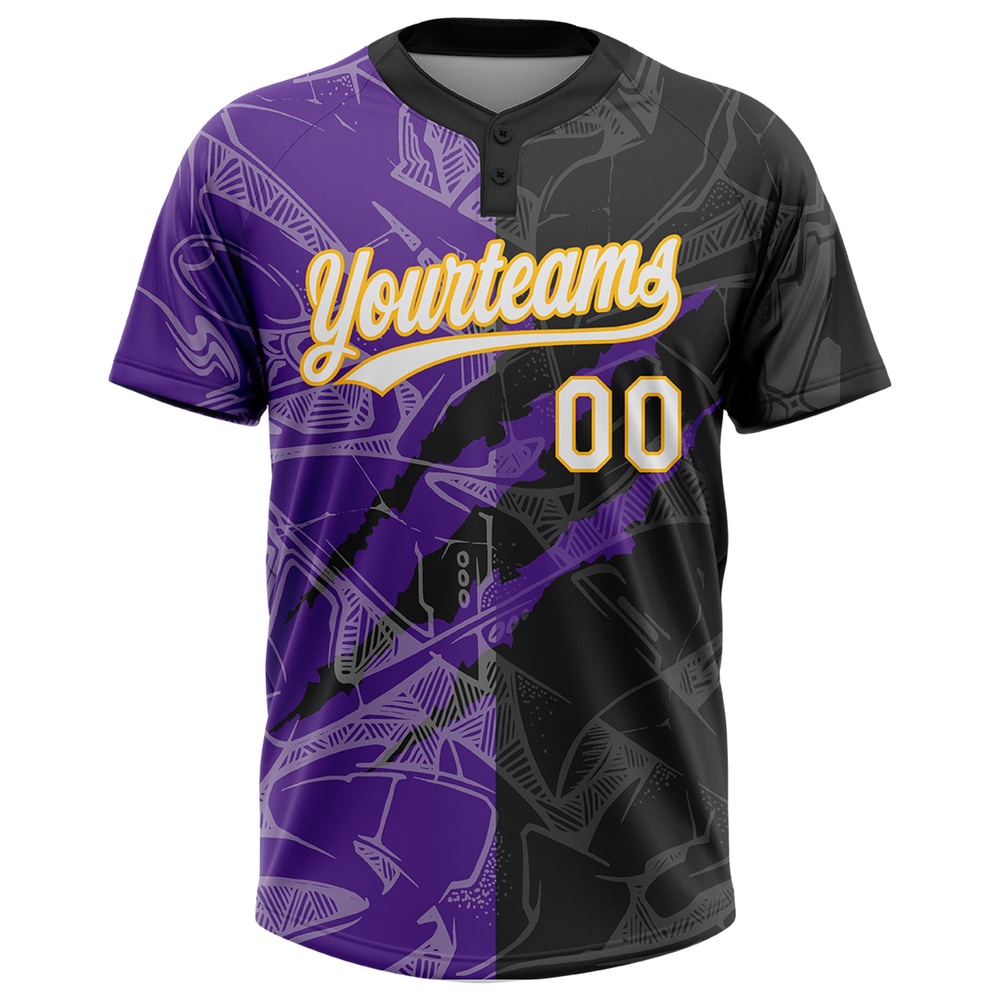 Graffiti Pattern Black Purple Gold 3D Two Button Unisex Softball Jersey, Custom Team Softball Jersey Graffiti Pattern Black Purple Gold 3D Two Button Unisex Softball Jersey, Custom Team Softball Jersey