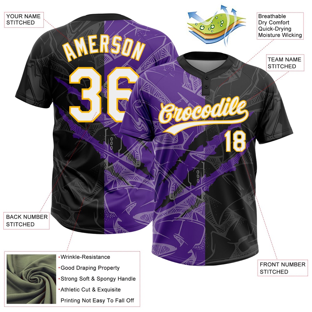 Graffiti Pattern Black Purple Gold 3D Two Button Unisex Softball Jersey, Custom Team Softball Jersey Graffiti Pattern Black Purple Gold 3D Two Button Unisex Softball Jersey, Custom Team Softball Jersey