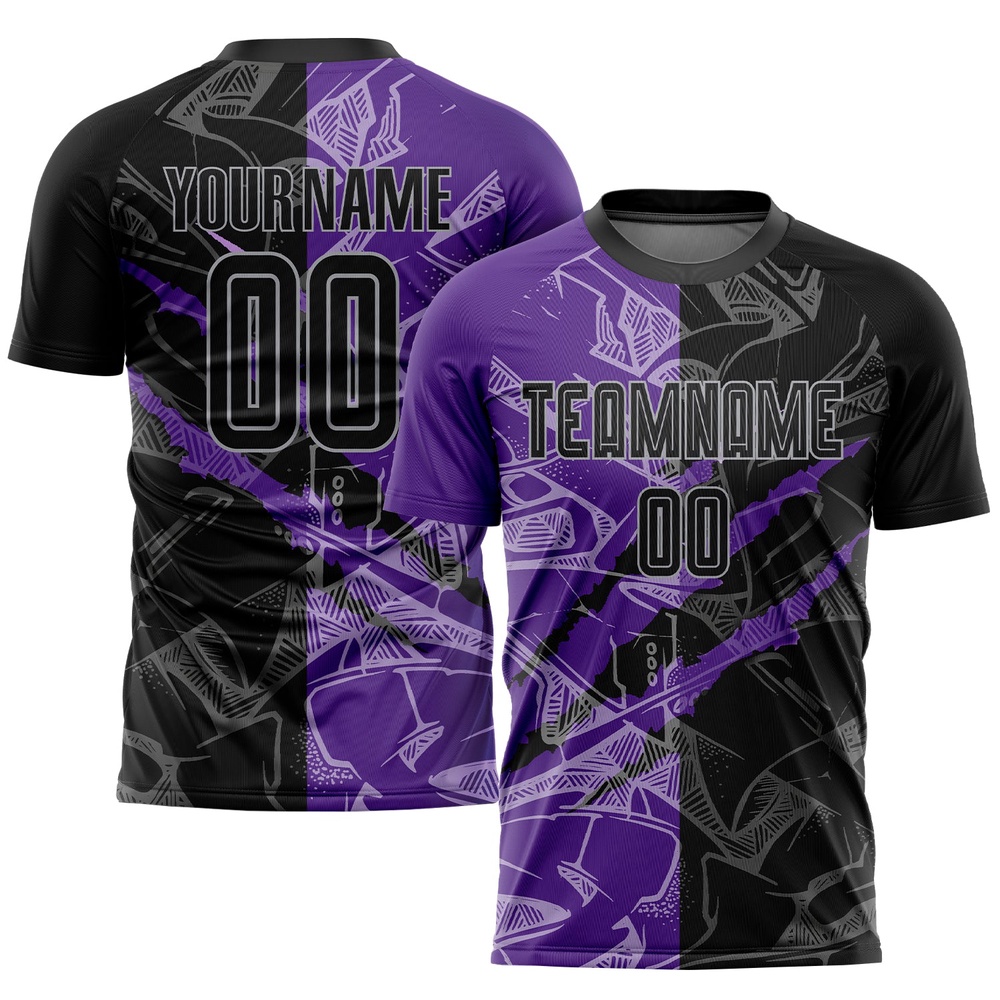 Graffiti Pattern Black Purple Gray Scratch Sublimation Soccer Uniform Jersey, Custom Team Soccer Jersey Shirt Graffiti Pattern Black Purple Gray Scratch Sublimation Soccer Uniform Jersey, Custom Team Soccer Jersey Shirt