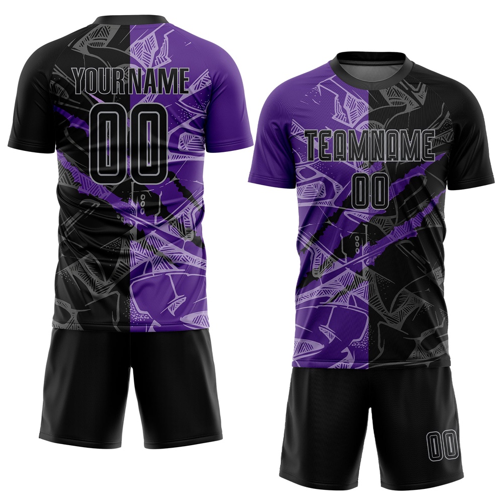 Graffiti Pattern Black Purple Gray Scratch Sublimation Soccer Uniform Jersey, Custom Team Soccer Jersey Shirt Graffiti Pattern Black Purple Gray Scratch Sublimation Soccer Uniform Jersey, Custom Team Soccer Jersey Shirt