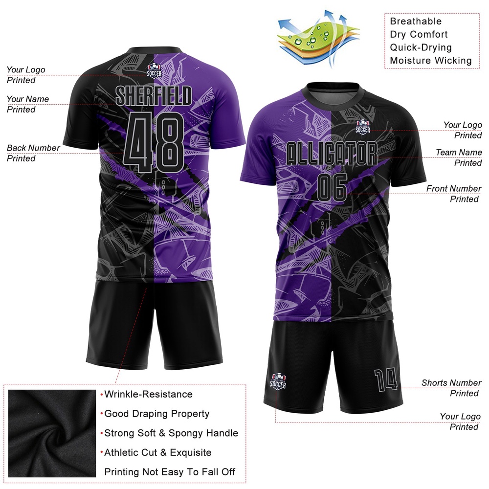 Graffiti Pattern Black Purple Gray Scratch Sublimation Soccer Uniform Jersey, Custom Team Soccer Jersey Shirt Graffiti Pattern Black Purple Gray Scratch Sublimation Soccer Uniform Jersey, Custom Team Soccer Jersey Shirt
