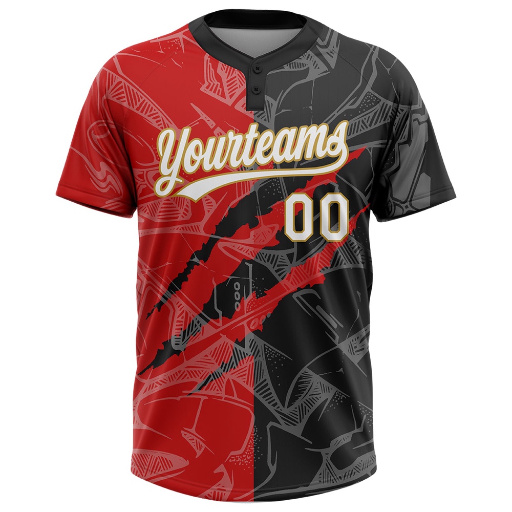 Graffiti Pattern Black Red Old Gold 3D Two Button Unisex Softball Jersey, Custom Team Softball Jersey