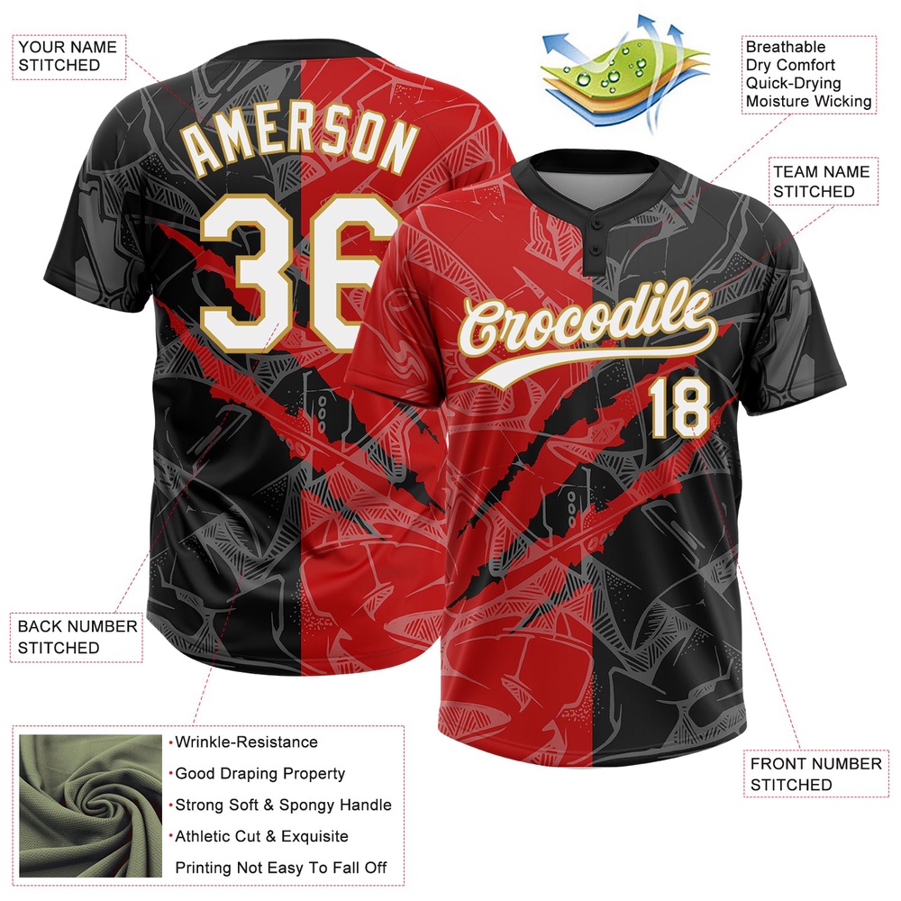 Graffiti Pattern Black Red Old Gold 3D Two Button Unisex Softball Jersey, Custom Team Softball Jersey