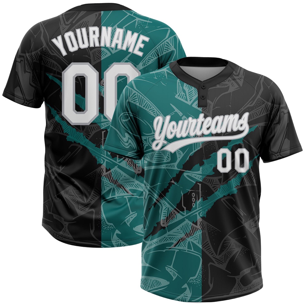 Graffiti Pattern Black Teal Gray 3D Two Button Unisex Softball Jersey, Custom Team Softball Jersey