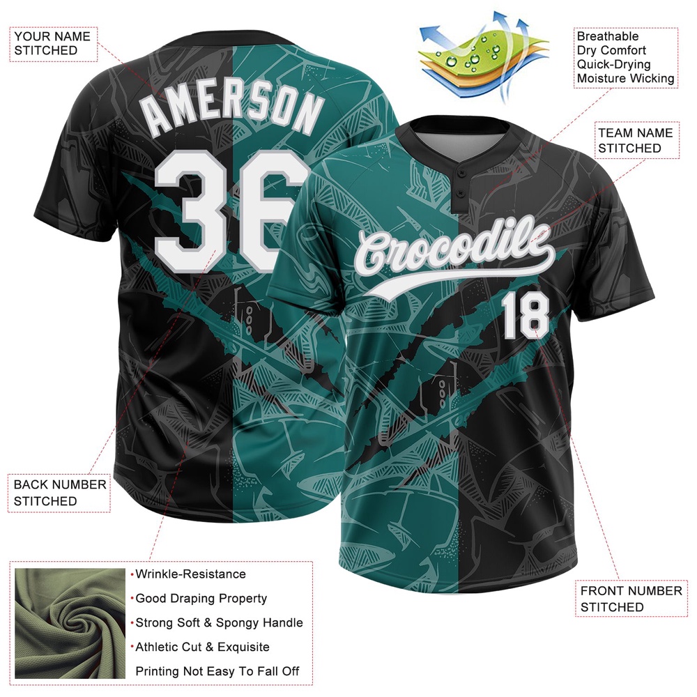 Graffiti Pattern Black Teal Gray 3D Two Button Unisex Softball Jersey, Custom Team Softball Jersey