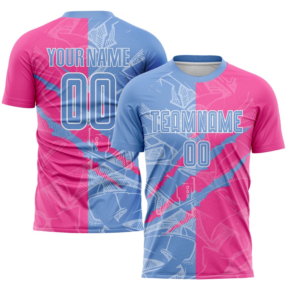 Graffiti Pattern Light Blue Pink Scratch Sublimation Soccer Uniform Jersey, Custom Team Soccer Jersey Shirt