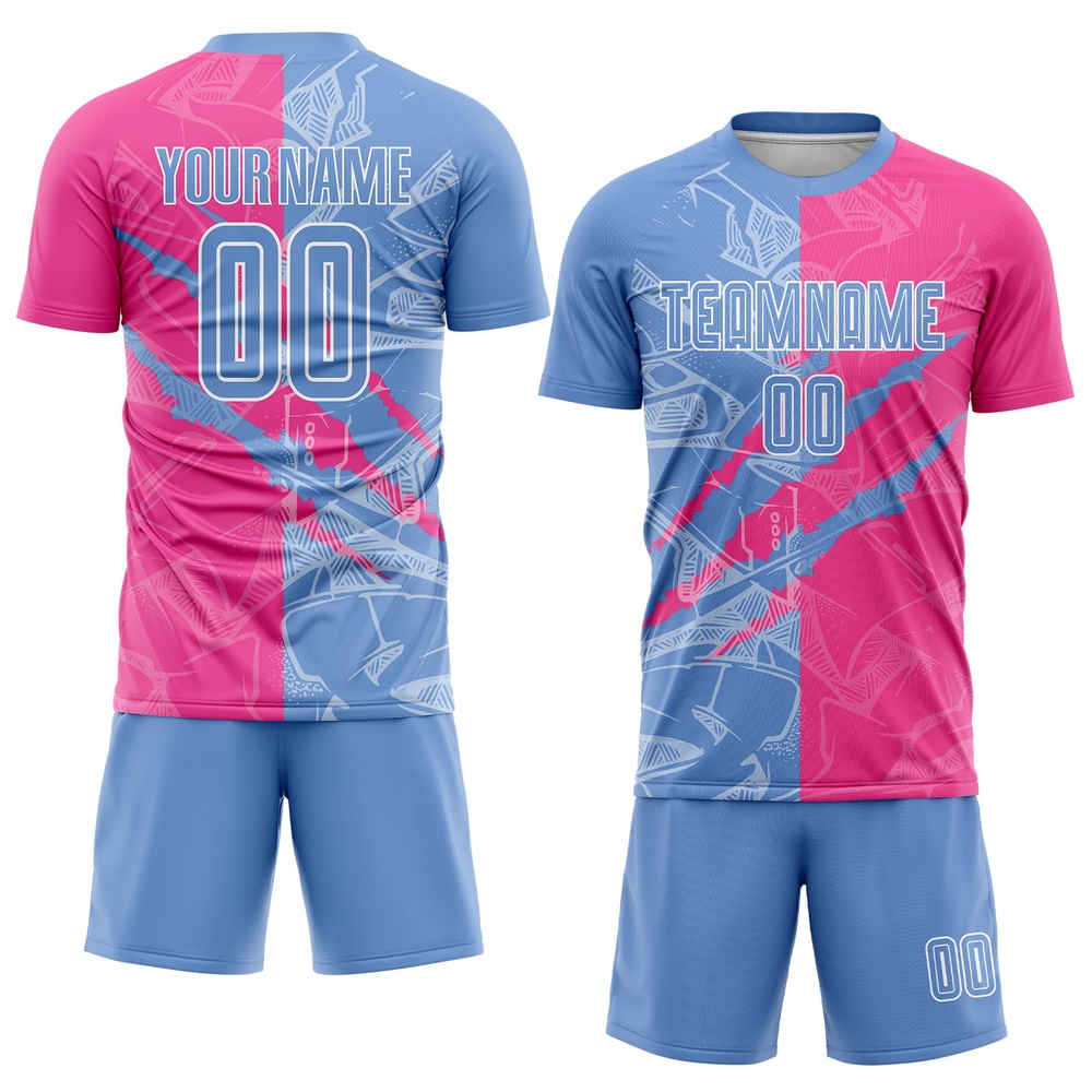 Graffiti Pattern Light Blue Pink Scratch Sublimation Soccer Uniform Jersey, Custom Team Soccer Jersey Shirt