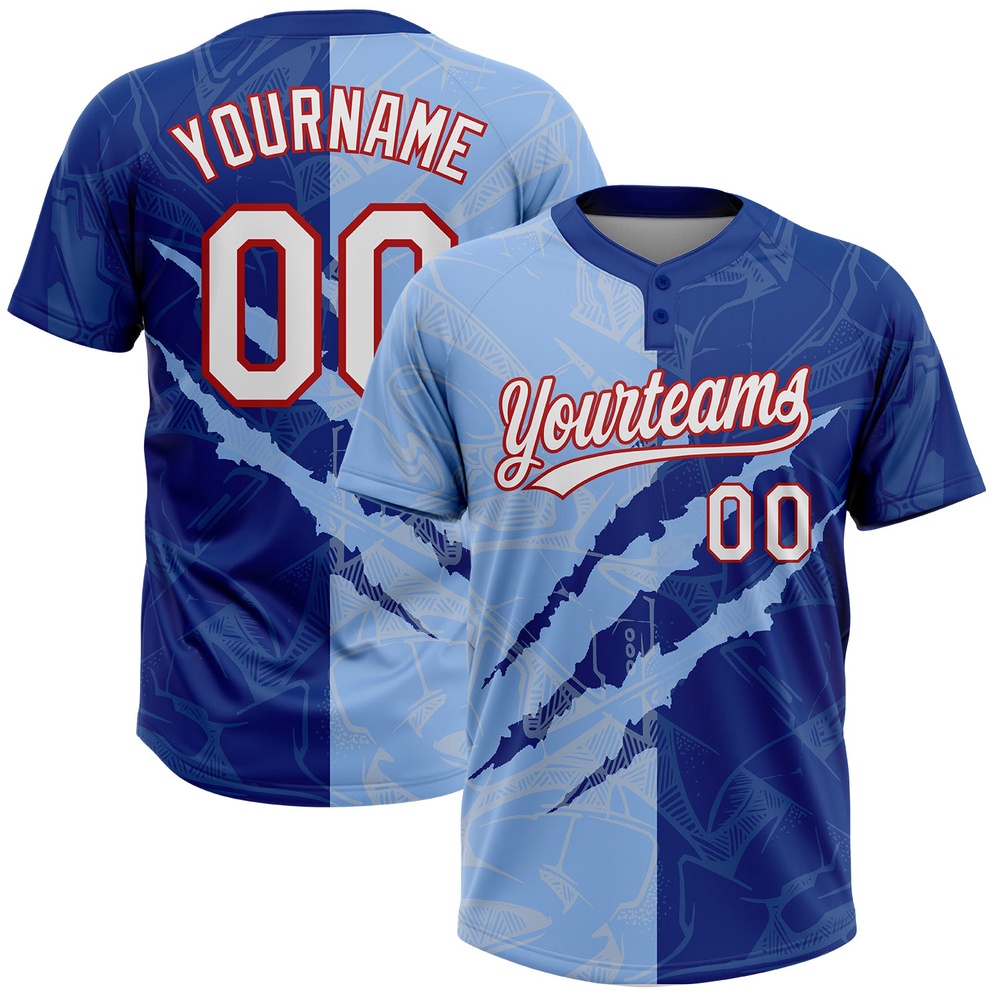Graffiti Pattern Light Blue Royal Red 3D Two Button Unisex Softball Jersey, Custom Team Softball Jersey