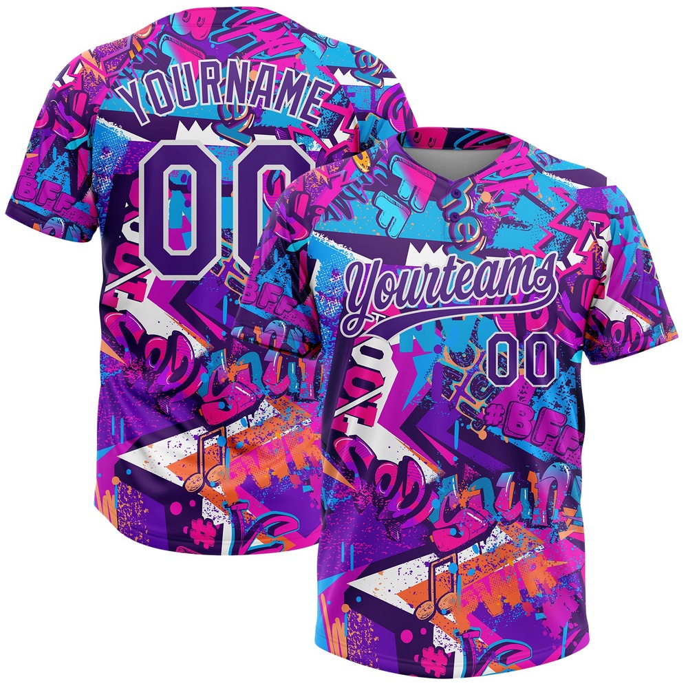 Graffiti Pattern Purple White 3D Bright Psychedelic Two Button Unisex Softball Jersey, Custom Team Softball Jersey Graffiti Pattern Purple White 3D Bright Psychedelic Two Button Unisex Softball Jersey, Custom Team Softball Jersey