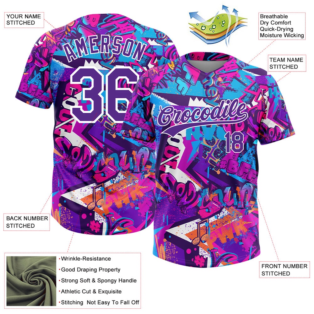 Graffiti Pattern Purple White 3D Bright Psychedelic Two Button Unisex Softball Jersey, Custom Team Softball Jersey Graffiti Pattern Purple White 3D Bright Psychedelic Two Button Unisex Softball Jersey, Custom Team Softball Jersey