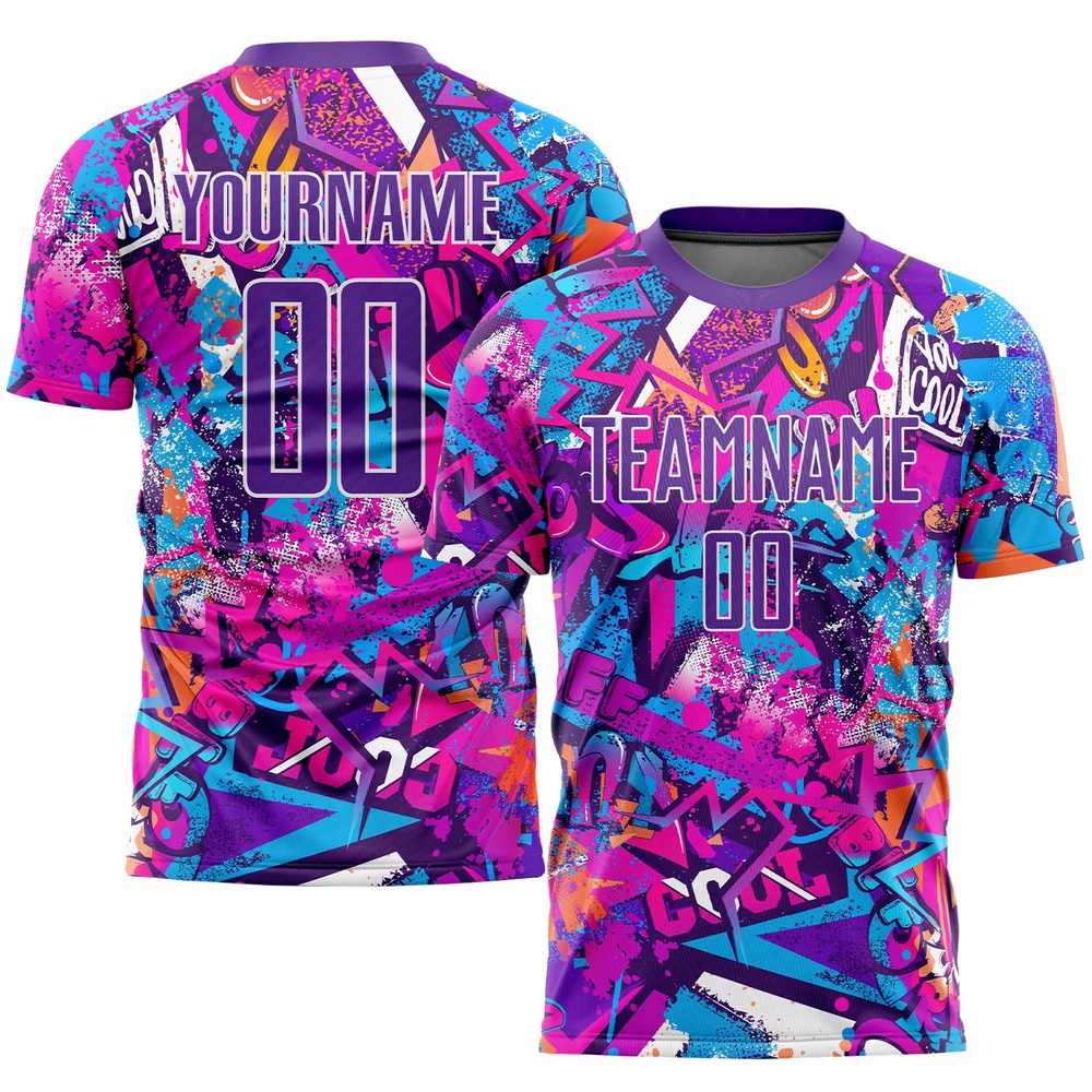 Graffiti Pattern Purple White Sublimation Soccer Uniform Jersey, Custom Team Soccer Jersey Shirt