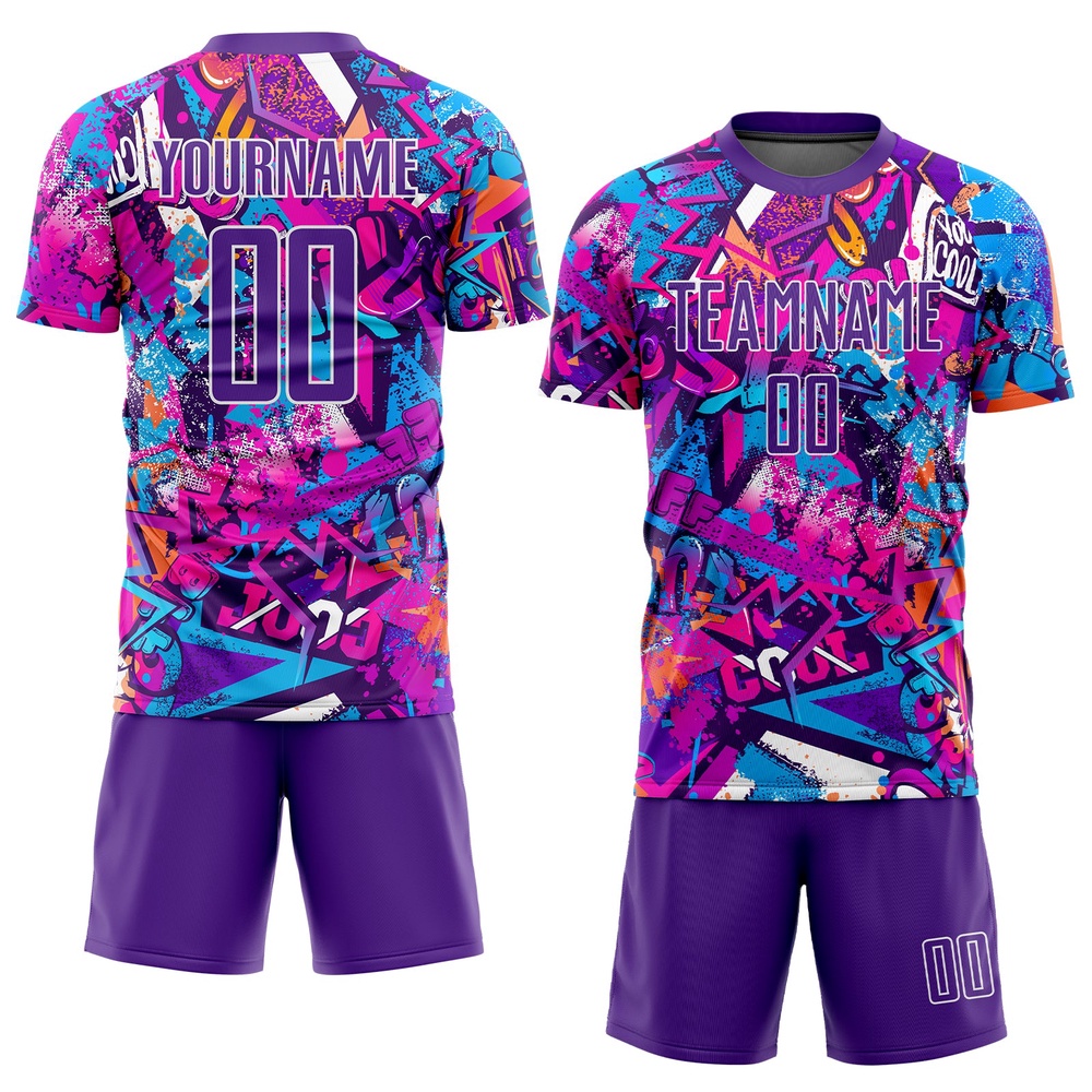 Graffiti Pattern Purple White Sublimation Soccer Uniform Jersey, Custom Team Soccer Jersey Shirt