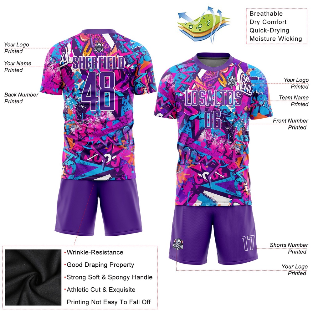 Graffiti Pattern Purple White Sublimation Soccer Uniform Jersey, Custom Team Soccer Jersey Shirt
