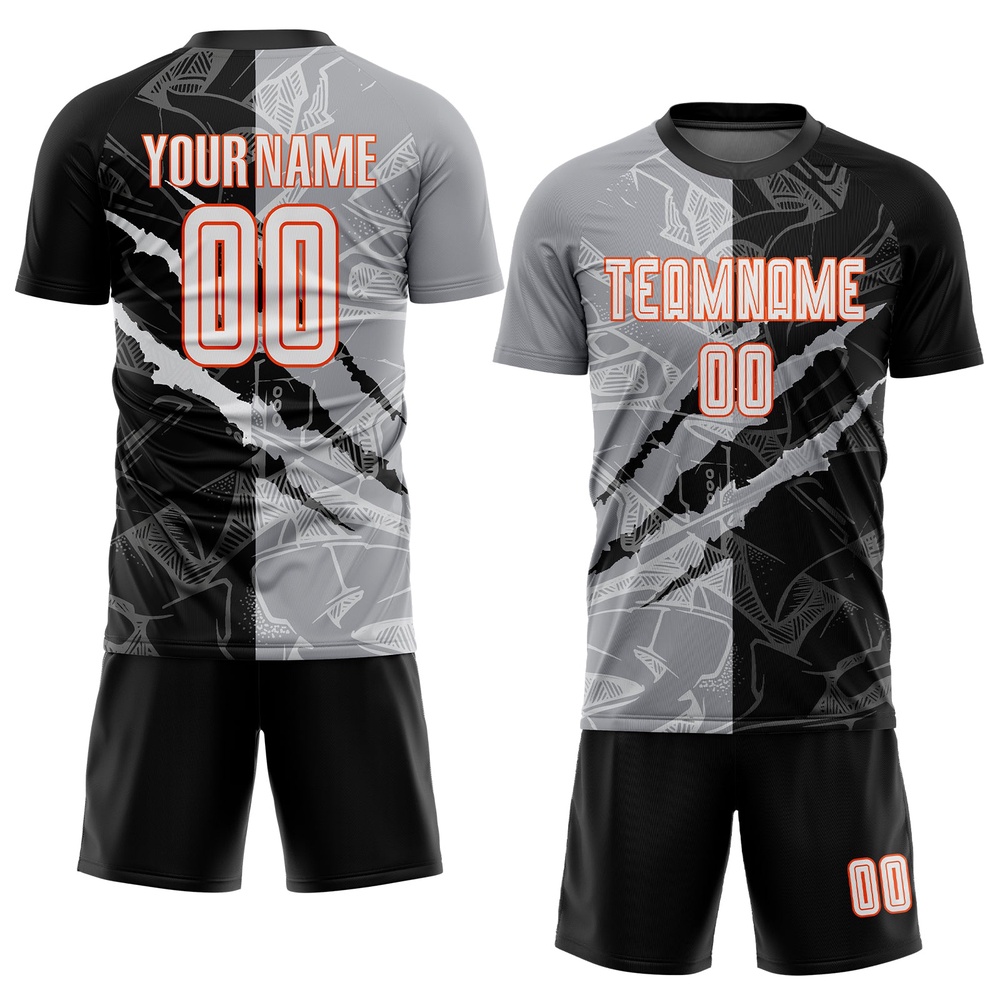 Graffiti Pattern White Black Gray Orange Scratch Sublimation Soccer Uniform Jersey, Custom Team Soccer Jersey Shirt Graffiti Pattern White Black Gray Orange Scratch Sublimation Soccer Uniform Jersey, Custom Team Soccer Jersey Shirt