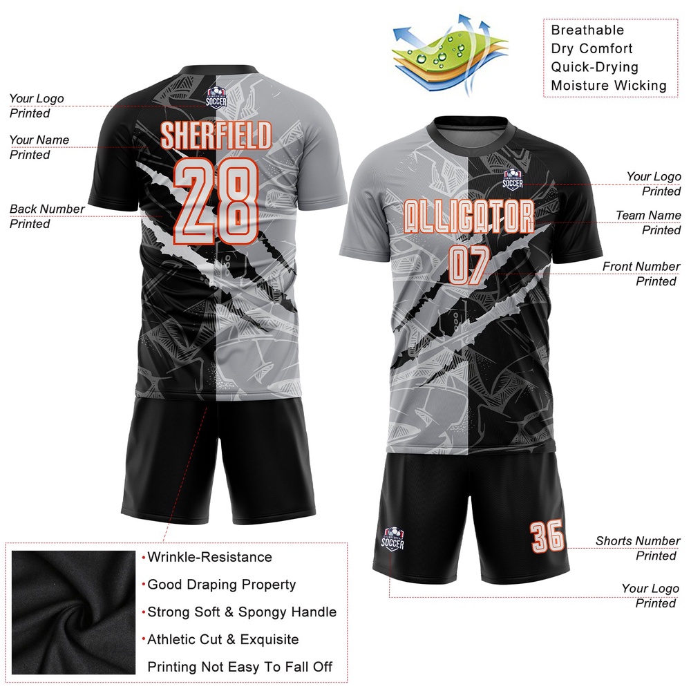Graffiti Pattern White Black Gray Orange Scratch Sublimation Soccer Uniform Jersey, Custom Team Soccer Jersey Shirt Graffiti Pattern White Black Gray Orange Scratch Sublimation Soccer Uniform Jersey, Custom Team Soccer Jersey Shirt