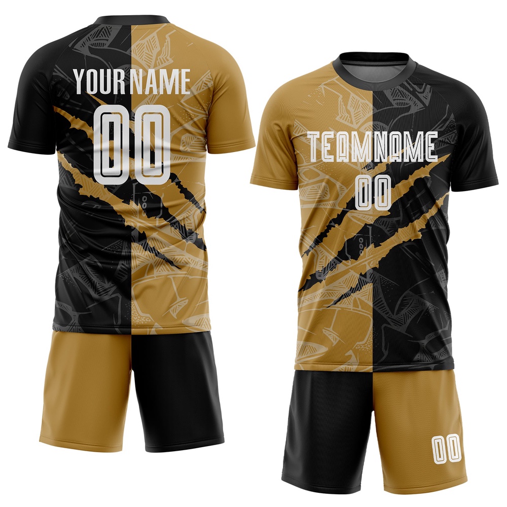 Graffiti Pattern White Black Old Gold Sublimation Soccer Uniform Jersey, Custom Team Soccer Jersey Shirt Graffiti Pattern White Black Old Gold Sublimation Soccer Uniform Jersey, Custom Team Soccer Jersey Shirt