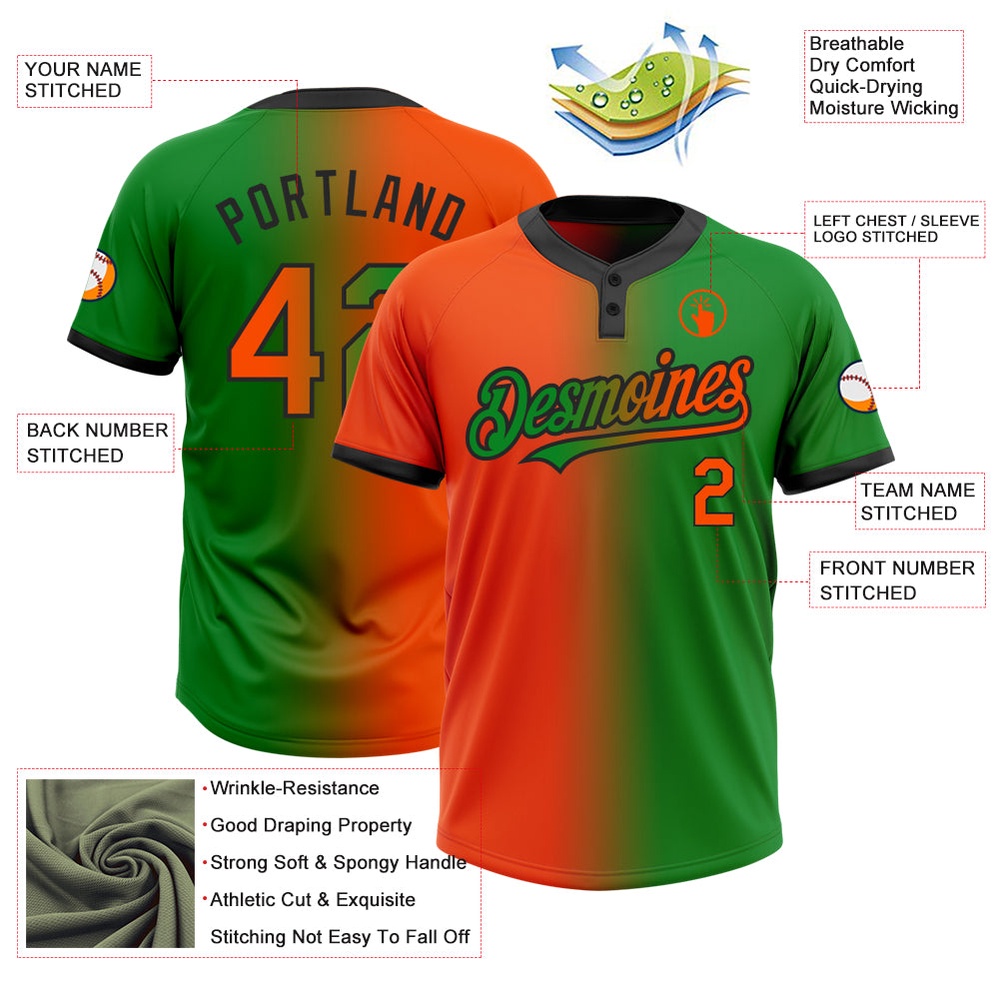 Grass Green Orange Black Gradient Fashion Two Button Unisex Softball Jersey, Custom Team Softball Jersey Grass Green Orange Black Gradient Fashion Two Button Unisex Softball Jersey, Custom Team Softball Jersey