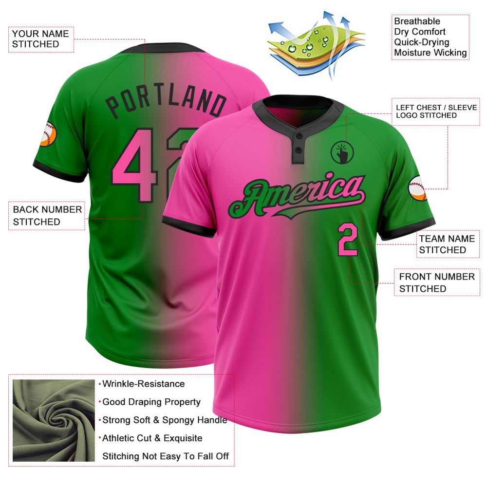 Grass Green Pink Black Gradient Fashion Two Button Unisex Softball Jersey, Custom Team Softball Jersey Grass Green Pink Black Gradient Fashion Two Button Unisex Softball Jersey, Custom Team Softball Jersey