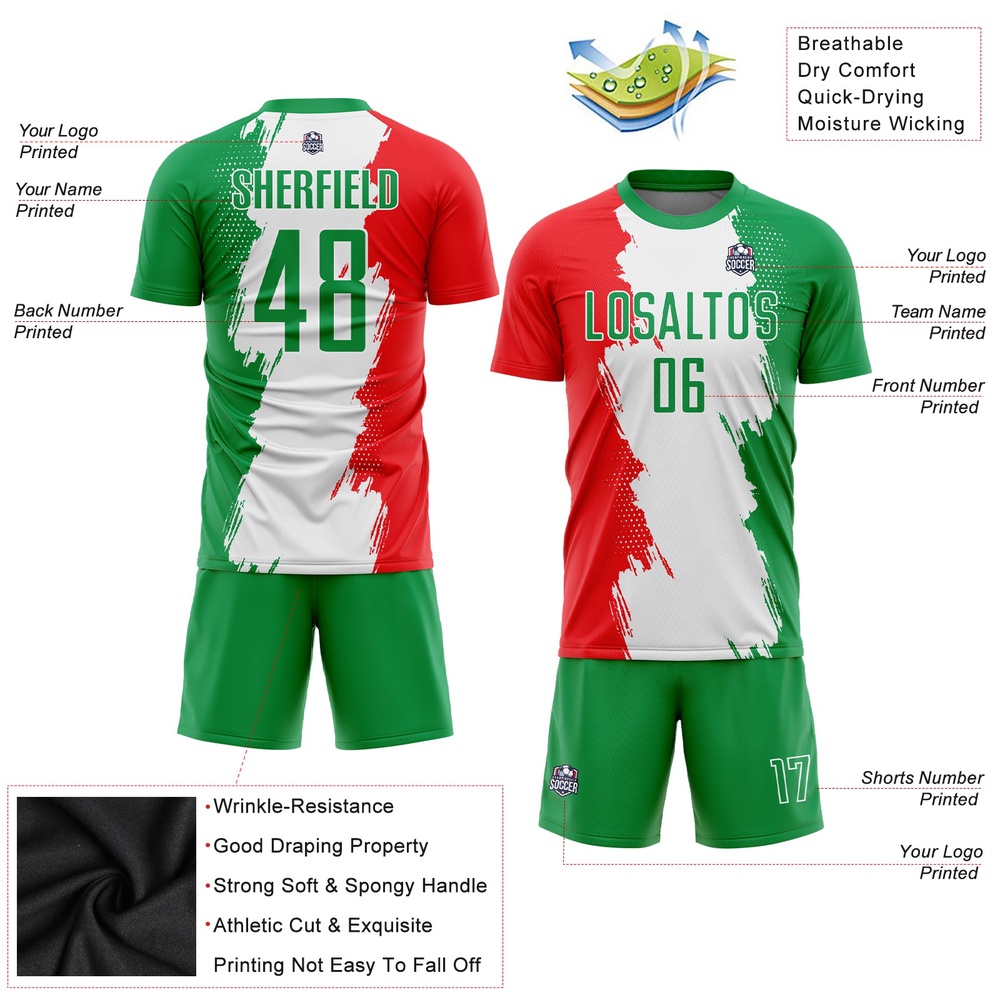 Grass Green Red White Sublimation Mexico Soccer Uniform Jersey, Custom Team Soccer Jersey Shirt Grass Green Red White Sublimation Mexico Soccer Uniform Jersey, Custom Team Soccer Jersey Shirt