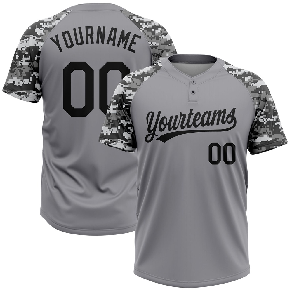 Gray Black Camo 3D Pattern Two Button Unisex Softball Jersey, Custom Team Softball Jersey