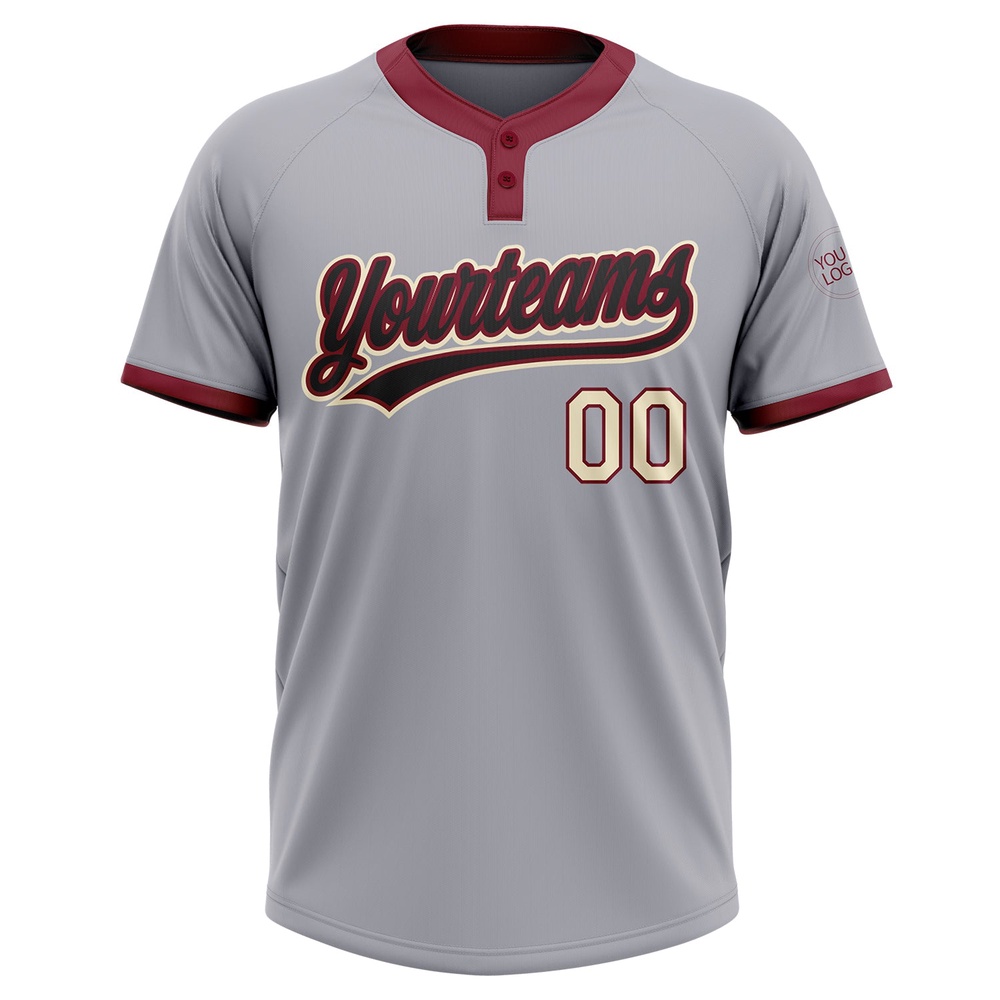 Gray Black Crimson Cream Two Button Unisex Softball Jersey, Custom Team Softball Jersey