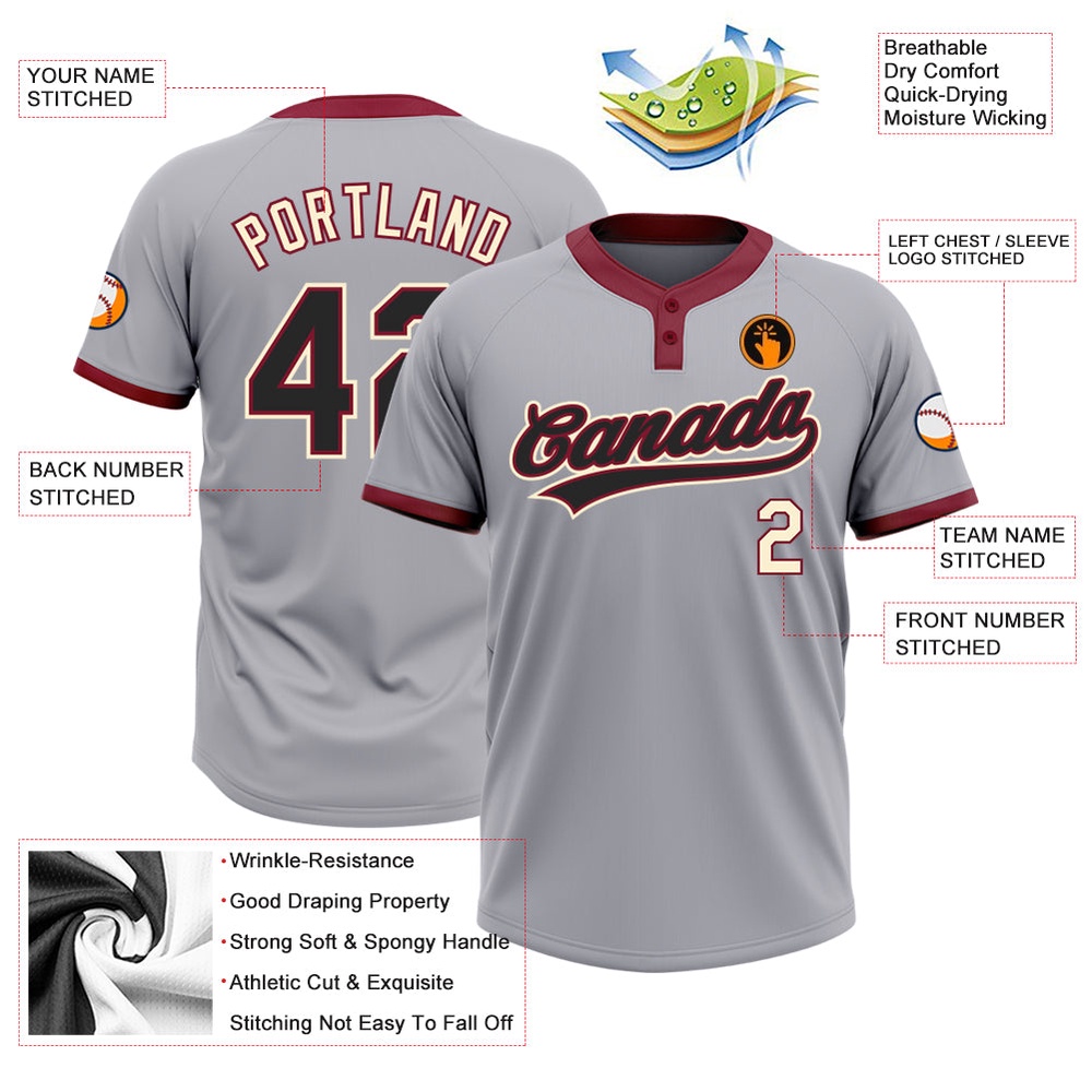 Gray Black Crimson Cream Two Button Unisex Softball Jersey, Custom Team Softball Jersey