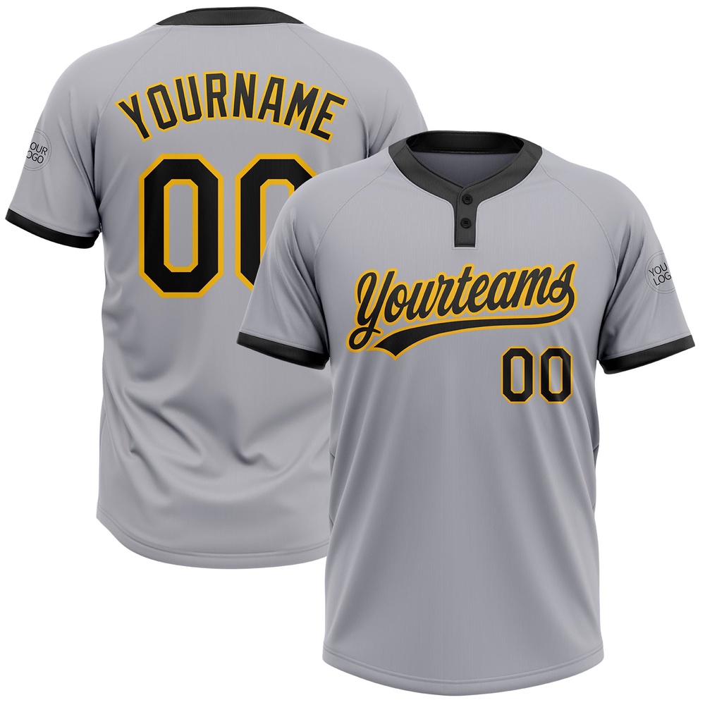 Gray Black Gold Two Button Unisex Softball Jersey, Custom Team Softball Jersey Gray Black Gold Two Button Unisex Softball Jersey, Custom Team Softball Jersey