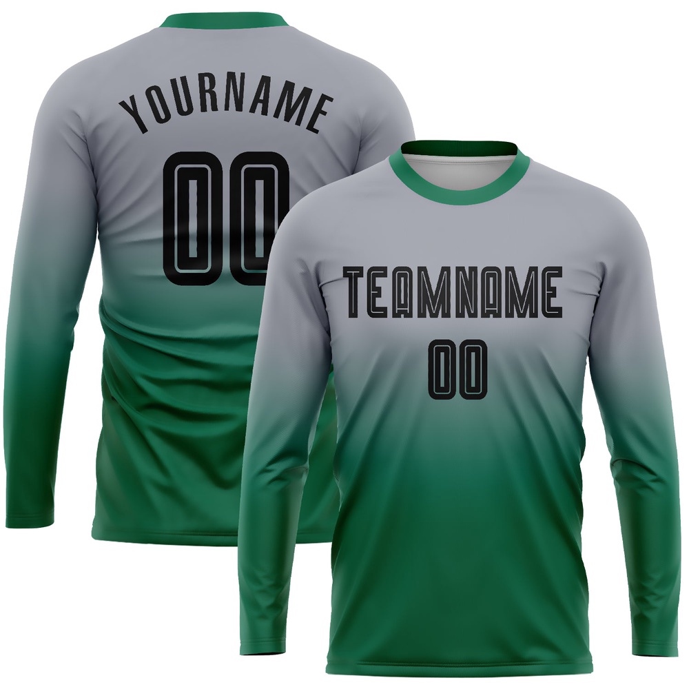 Gray Black Kelly Green Sublimation Long Sleeve Fade Fashion Soccer Uniform Jersey, Custom Team Soccer Jersey Shirt