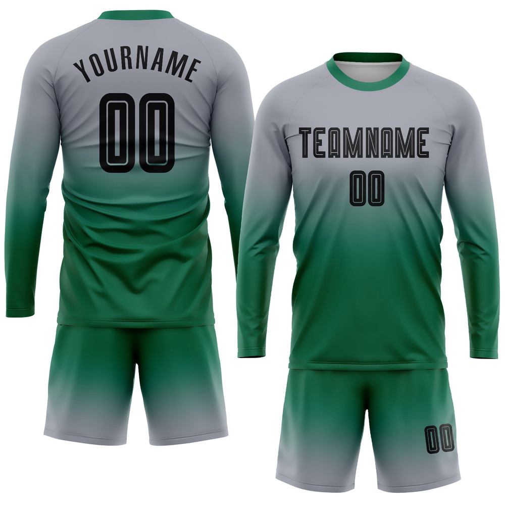 Gray Black Kelly Green Sublimation Long Sleeve Fade Fashion Soccer Uniform Jersey, Custom Team Soccer Jersey Shirt