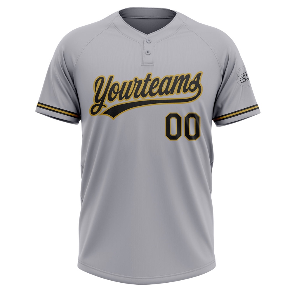 Gray Black Old Gold Two Button Unisex Softball Jersey, Custom Team Softball Jersey Gray Black Old Gold Two Button Unisex Softball Jersey, Custom Team Softball Jersey