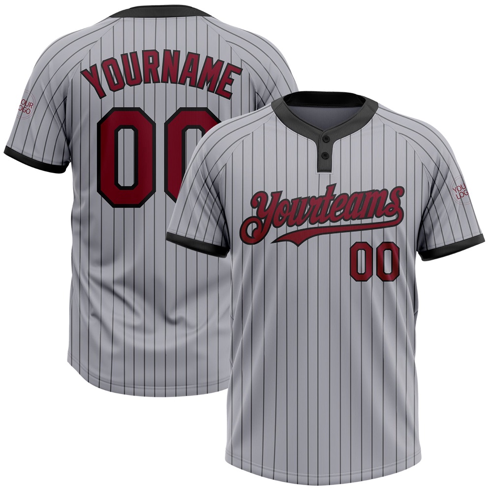 Gray Black Pinstripe Crimson Two Button Unisex Softball Jersey, Custom Team Softball Jersey Gray Black Pinstripe Crimson Two Button Unisex Softball Jersey, Custom Team Softball Jersey