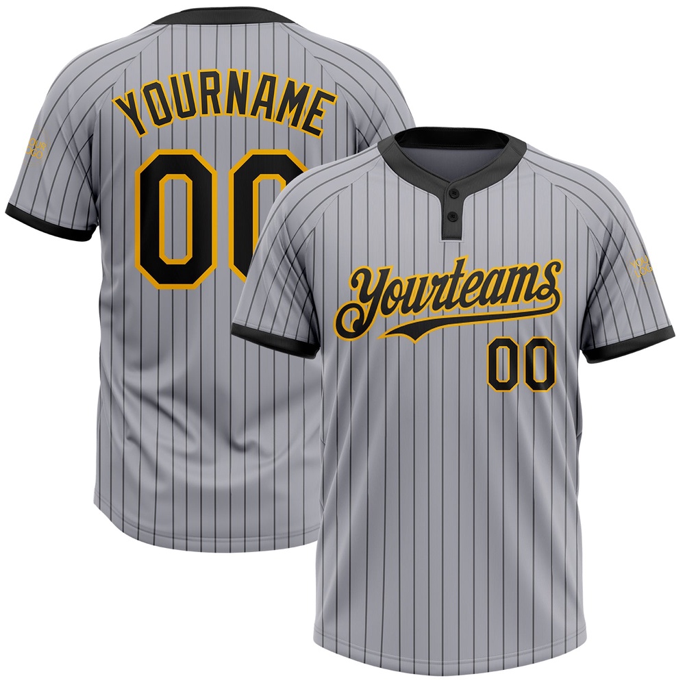 Gray Black Pinstripe Gold Two Button Unisex Softball Jersey, Custom Team Softball Jersey Gray Black Pinstripe Gold Two Button Unisex Softball Jersey, Custom Team Softball Jersey
