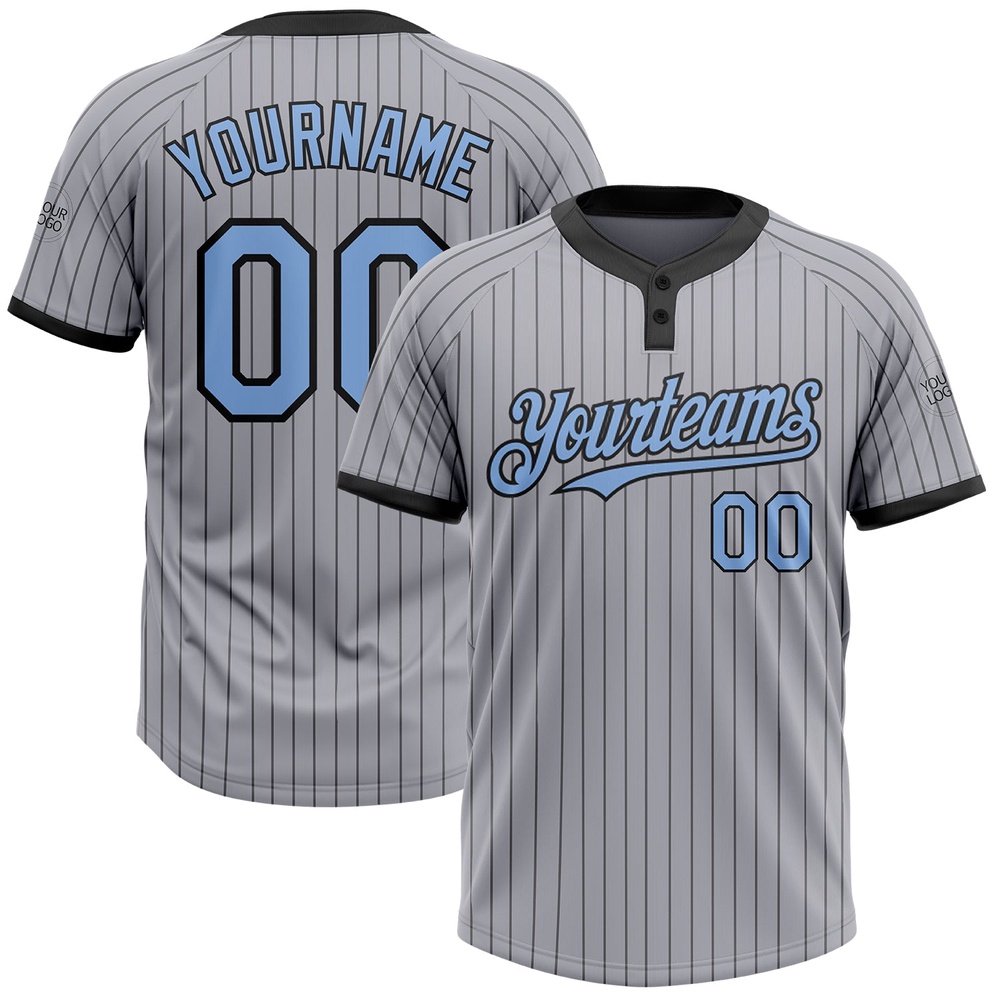 Gray Black Pinstripe Light Blue Two Button Unisex Softball Jersey, Custom Team Softball Jersey Gray Black Pinstripe Light Blue Two Button Unisex Softball Jersey, Custom Team Softball Jersey