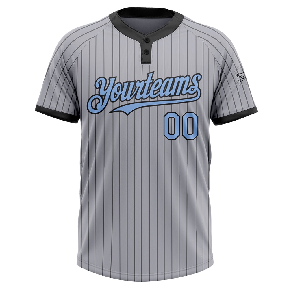Gray Black Pinstripe Light Blue Two Button Unisex Softball Jersey, Custom Team Softball Jersey Gray Black Pinstripe Light Blue Two Button Unisex Softball Jersey, Custom Team Softball Jersey