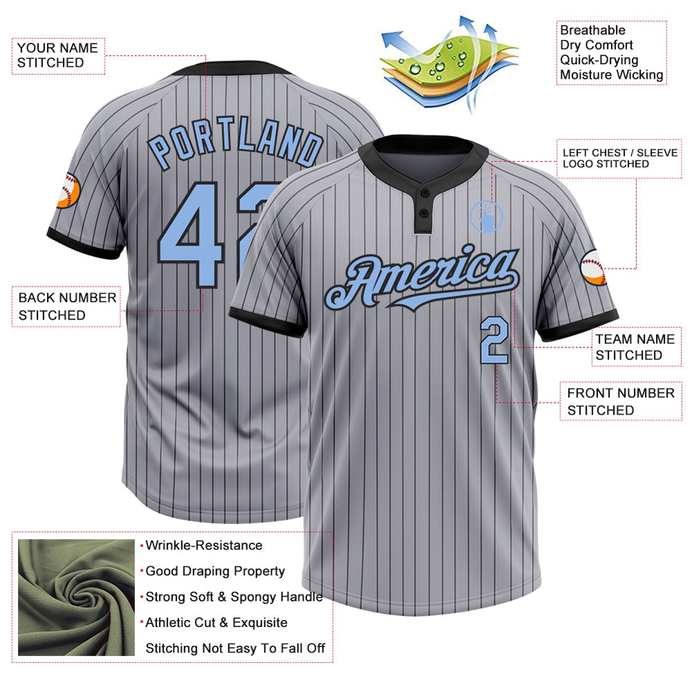 Gray Black Pinstripe Light Blue Two Button Unisex Softball Jersey, Custom Team Softball Jersey Gray Black Pinstripe Light Blue Two Button Unisex Softball Jersey, Custom Team Softball Jersey
