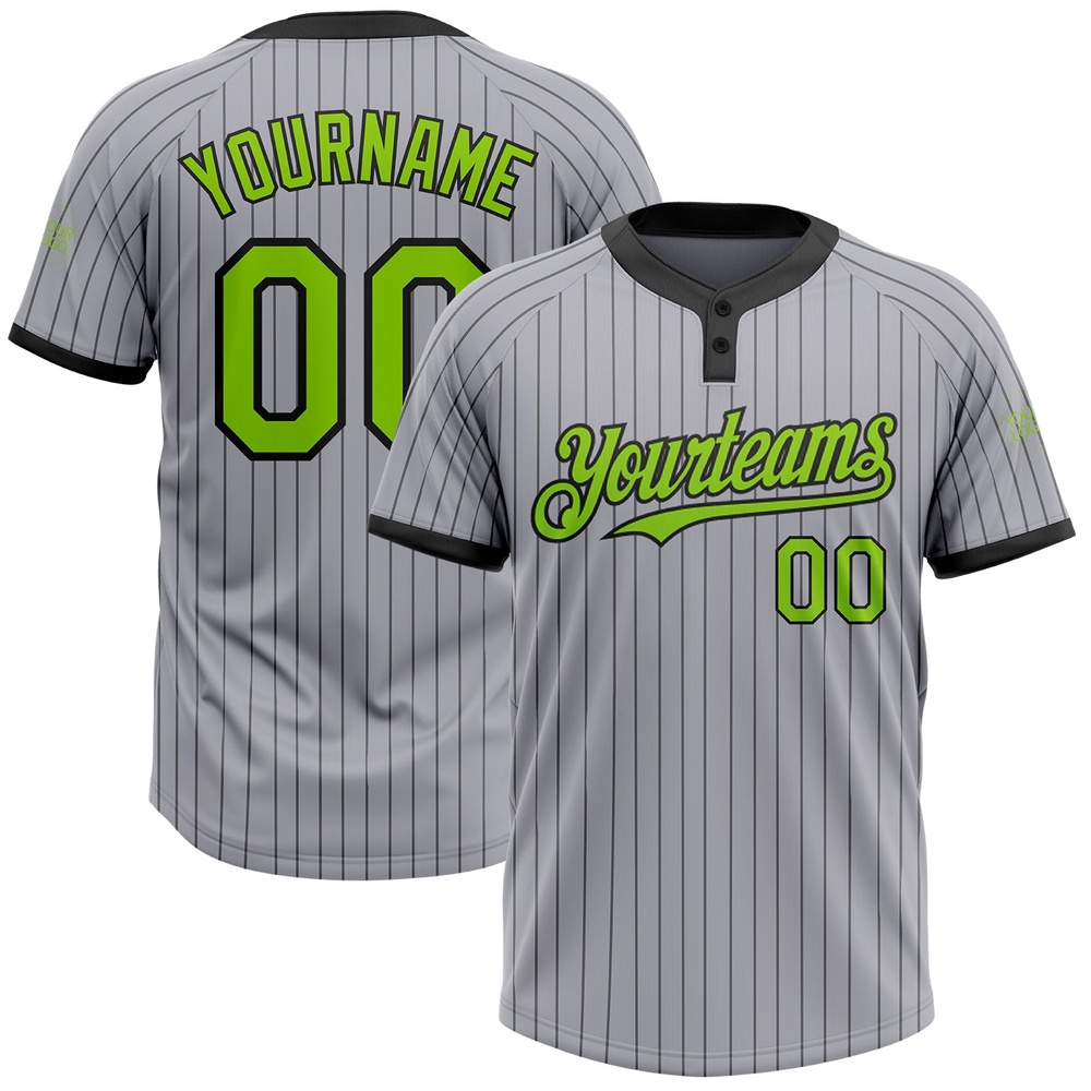Gray Black Pinstripe Neon Green Two Button Unisex Softball Jersey, Custom Team Softball Jersey Gray Black Pinstripe Neon Green Two Button Unisex Softball Jersey, Custom Team Softball Jersey